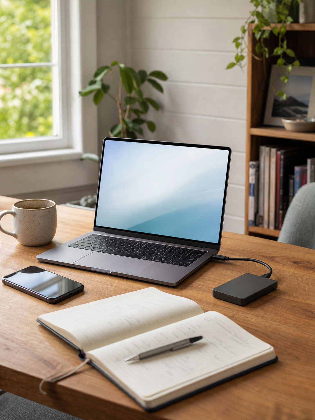 Open laptop, phone and external drive on a calm home technology desk.